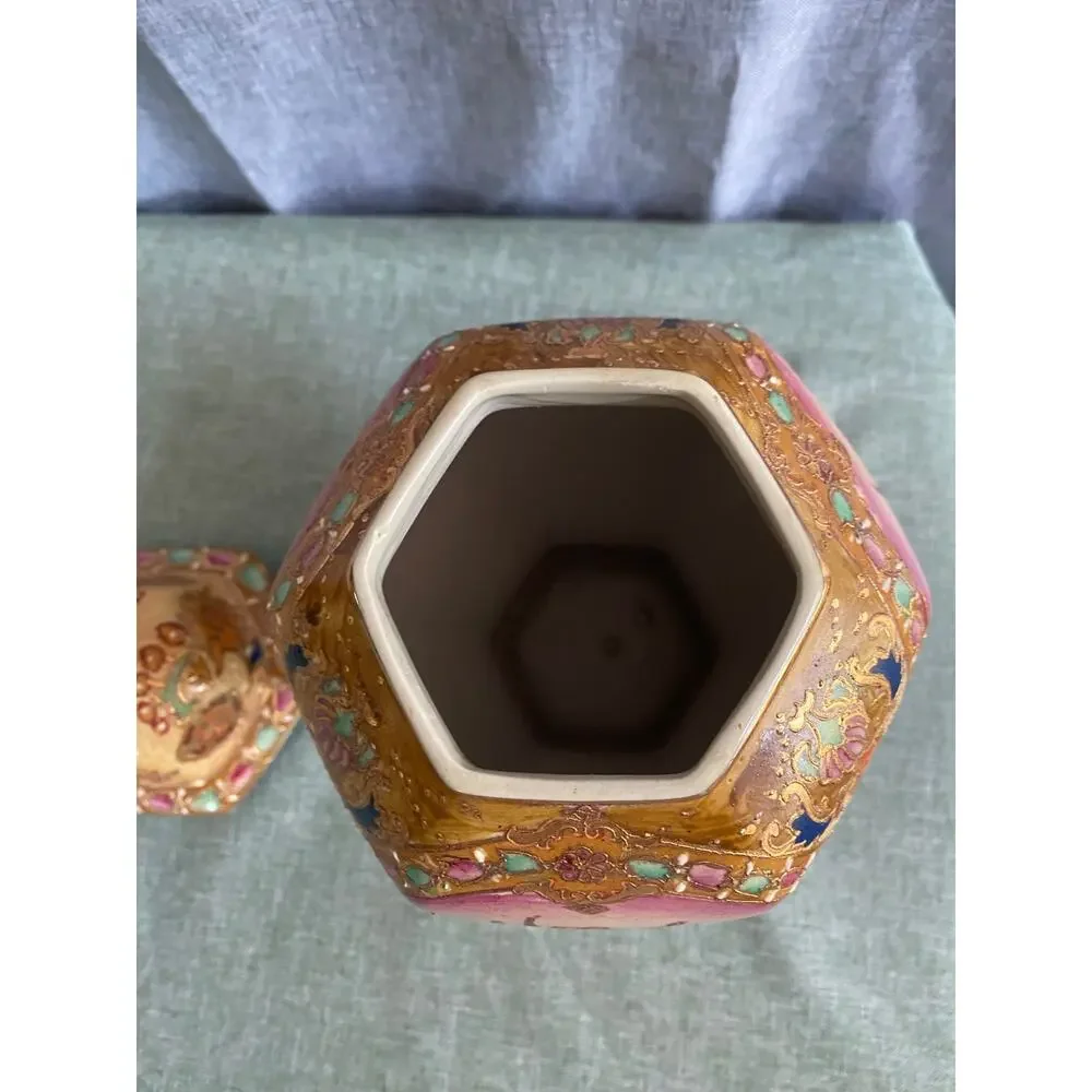 Vintage Satsuma Style Hexagonal Temple Jar Lidded Urn Floral Moriage Gold Gilt